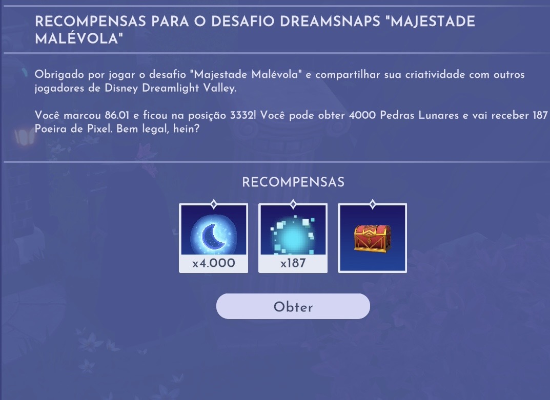 Resultado: nota 86,01, posição 3332, 4.000 Pedras Lunares e 187 Poeira de Pixel